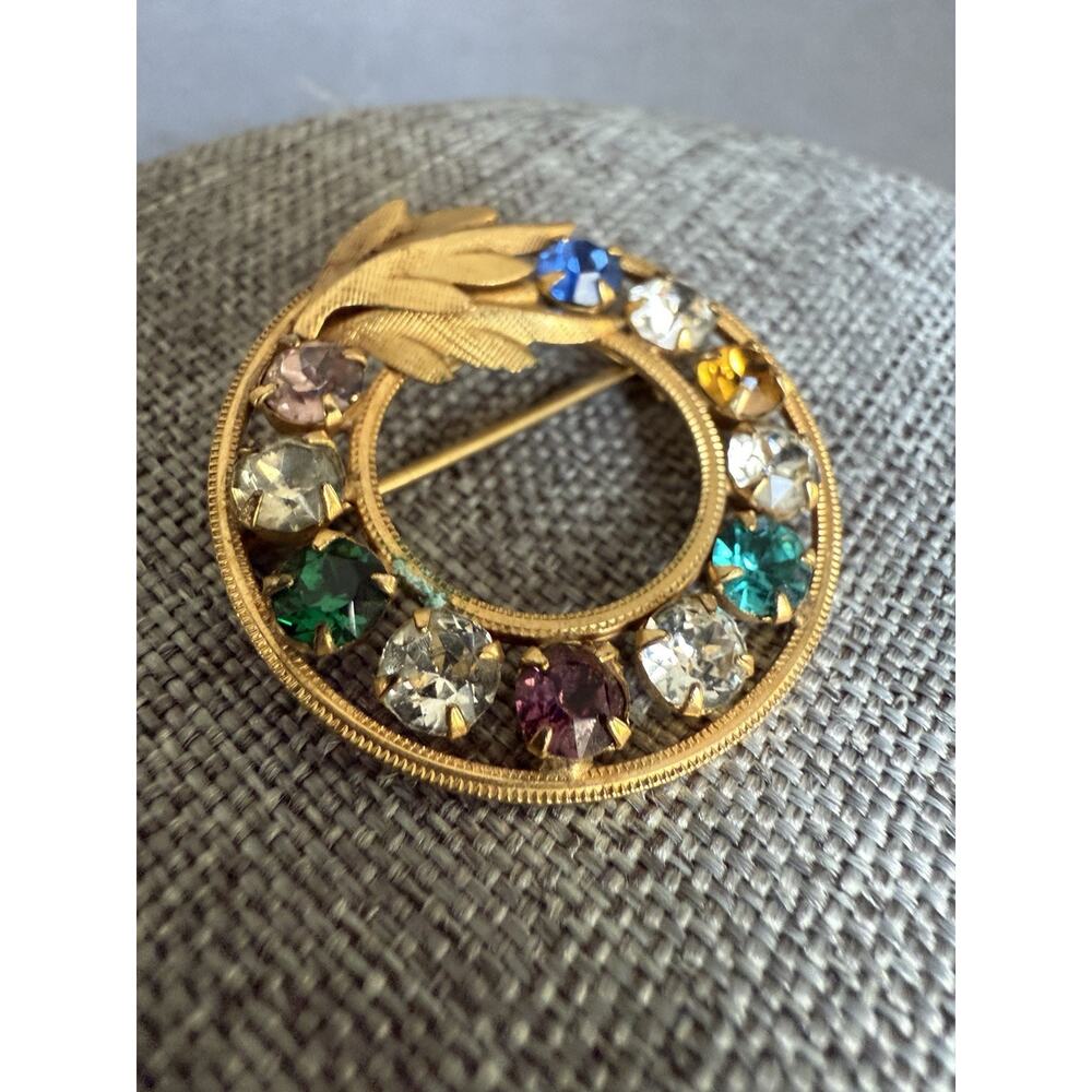 Vintage DCE Curtis Christmas Wreath Brooch 1/20 GF 14kt Rhinestone Cocktail